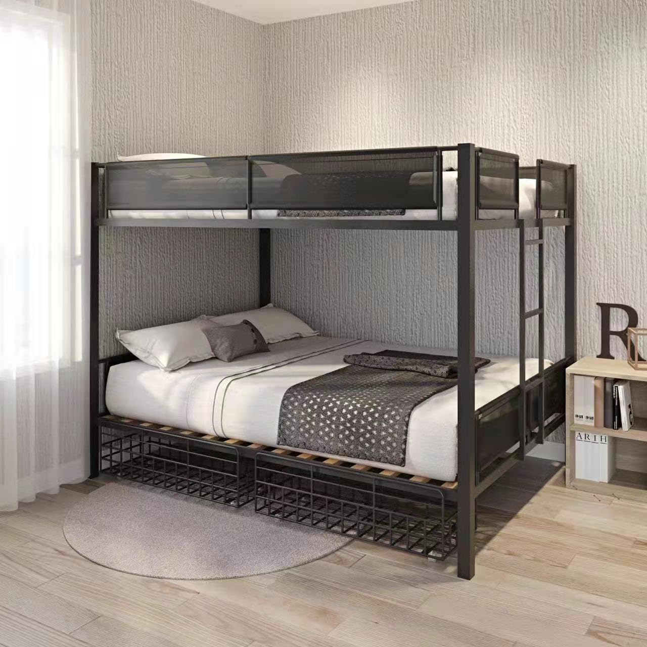 DNYN Queen Over Queen Metal Bunk Bed with Storage Drawers - Modern Space-Saving Design in Black - WoodArtSupply