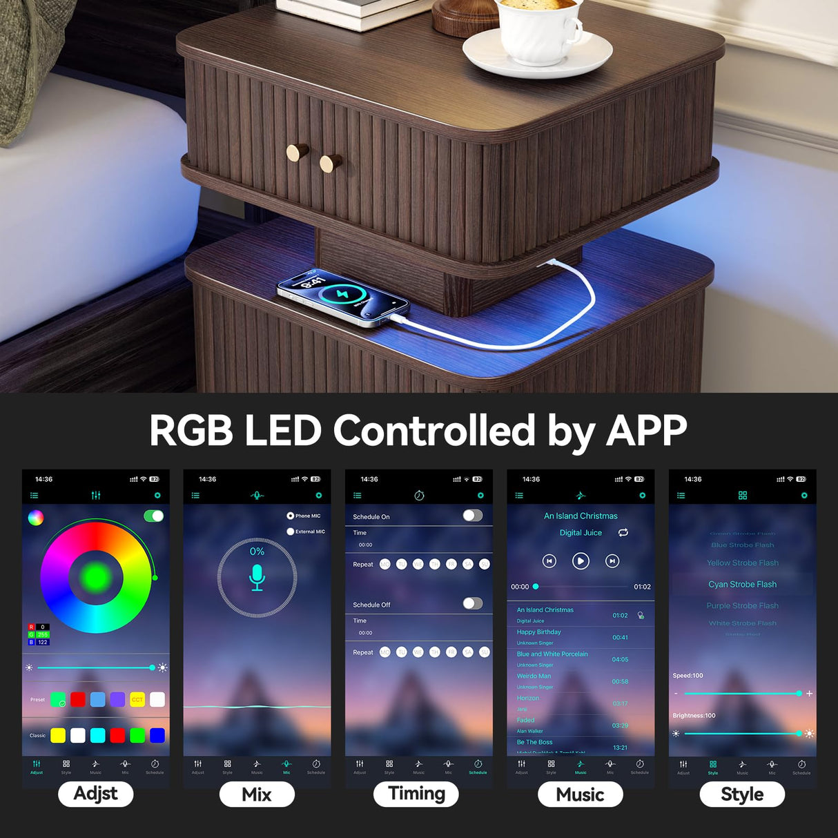 Night Stand Set of 2, LED Nightstand, Bedroom Night Stand with Charging Station, 2 Drawer Nightstand, Modern Nightstands with Curvy Edge and Sliding Door, Bedside Table for Bedroom, Walnut AKMAKM