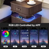 Night Stand, LED Nightstand, Modern Nightstand with Charging Station, Night Stand with 2 Drawers and Sliding Door, Curvy Edge, Small Bedside Table for Bedroom, Walnut AKMAKM