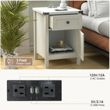 Farmhouse Nightstand with Charging Station, White Side Table, Rustic End Table with Barn Door and Drawer, Rustic Floating Nightstands Modern Bed Side Table Night Stand for Bedroom and Living Room HOSEOKA