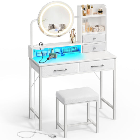 Seventable Vanity Desk with Lighted Mirror & LED Lights, Makeup Table with Power Outlet & 4 Storage Drawers, Includes Makeup Stool for Bedroom, White