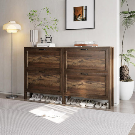 LOUVIXA Shoe Cabinet with 4 Flip Drawers, Narrow Shoe Storage Cabinet, Freestanding Shoe Cabinet Organizer, Hidden Shoe Rack Cabinet for Entryway, Hallway (4-Drawers, Brown/4-drawers) LOUVIXA