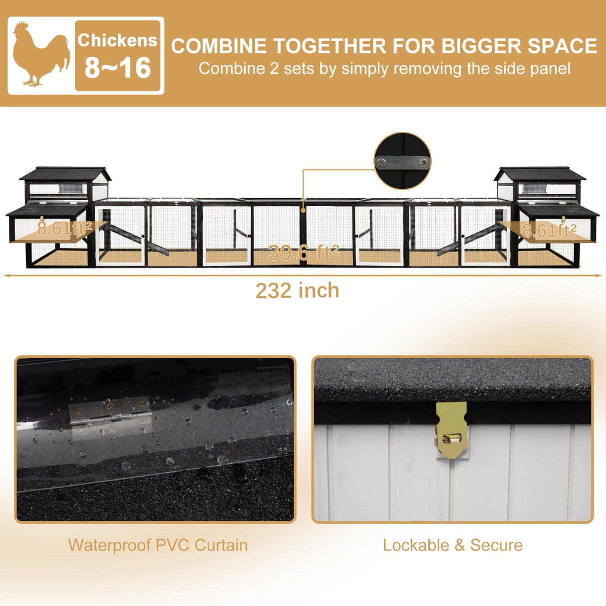 PetsCosset 116" L Large Chicken Coop and Run, Hen House with 4 Nesting Box Boxes, Rabbit Hutch Poultry Bunny Cage for 4-6 Chickens with 4 Perches, Removable Tray and Ramp and UV-Resistant Roof Panel PetsCosset