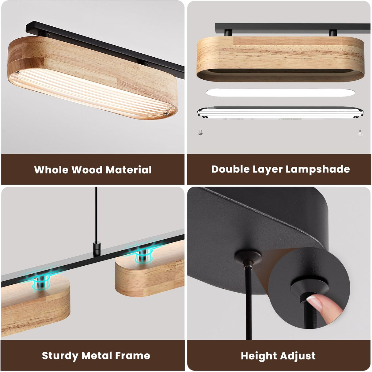 Glimchase 43.3" Linear Island Lights for Kitchen, 32W Wood Chandeliers for Dining Room, LED Rustic Dimmable Lighting Fixture for Farmhouse, 4-Light Pendant Lights for Kitchen Island Over Table Glimchase