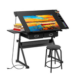SUPER DEAL Adjustable Drafting Table Set with Charging Station, Tilting Drawing Desk Artist Desk with Stool Multifunctional Art Craft Workstation with 2 Storage Drawers for Home Office School SUPER DEAL