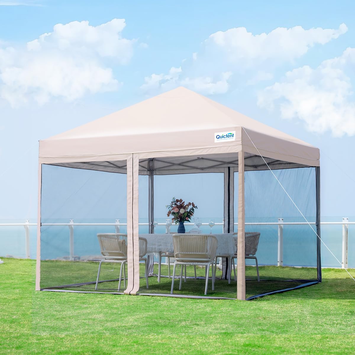 Quictent 10'x10' Pop up Canopy Tent with Mosquito Netting, Outdoor Ez up Screened Canopies Screen House Room Tent Portable, Fully Sealed, Waterproof & Wheeled Carry Bag Included (Tan) - WoodArtSupply