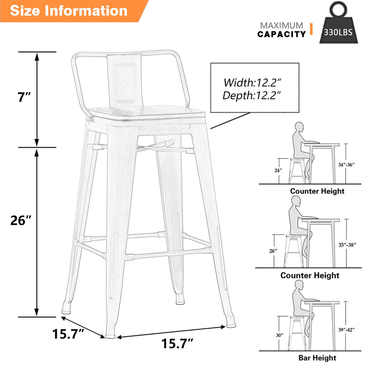 Yongchuang 26 inch Metal Bar Stools Set of 4 Counter Height Barstools Farmhouse Kitchen Bar Chairs with Wood Seat Low Back Cream White Yongchuang