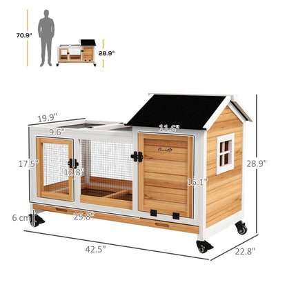 PawHut Indoor Outdoor Wooden Rabbit Hutch with Wheels, Large Bunny Hutch with Run & Slide-Out Tray for Small Animals, Guinea Pig, Yellow