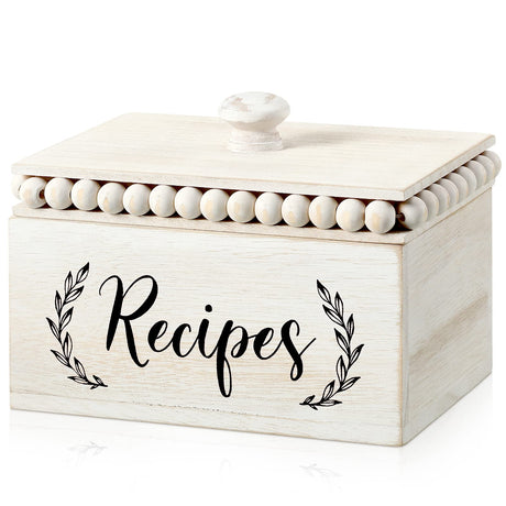 Kathfly Rustic White Recipe Box Wooden Beaded Recipe Box Farmhouse Recipe Holder and Organizer Personalized Recipe Box Bridal Shower Wedding Registry Must Haves for Wedding Birthday Housewarming Kathfly