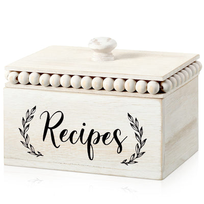 Kathfly Rustic White Recipe Box Wooden Beaded Recipe Box Farmhouse Recipe Holder and Organizer Personalized Recipe Box Bridal Shower Wedding Registry Must Haves for Wedding Birthday Housewarming