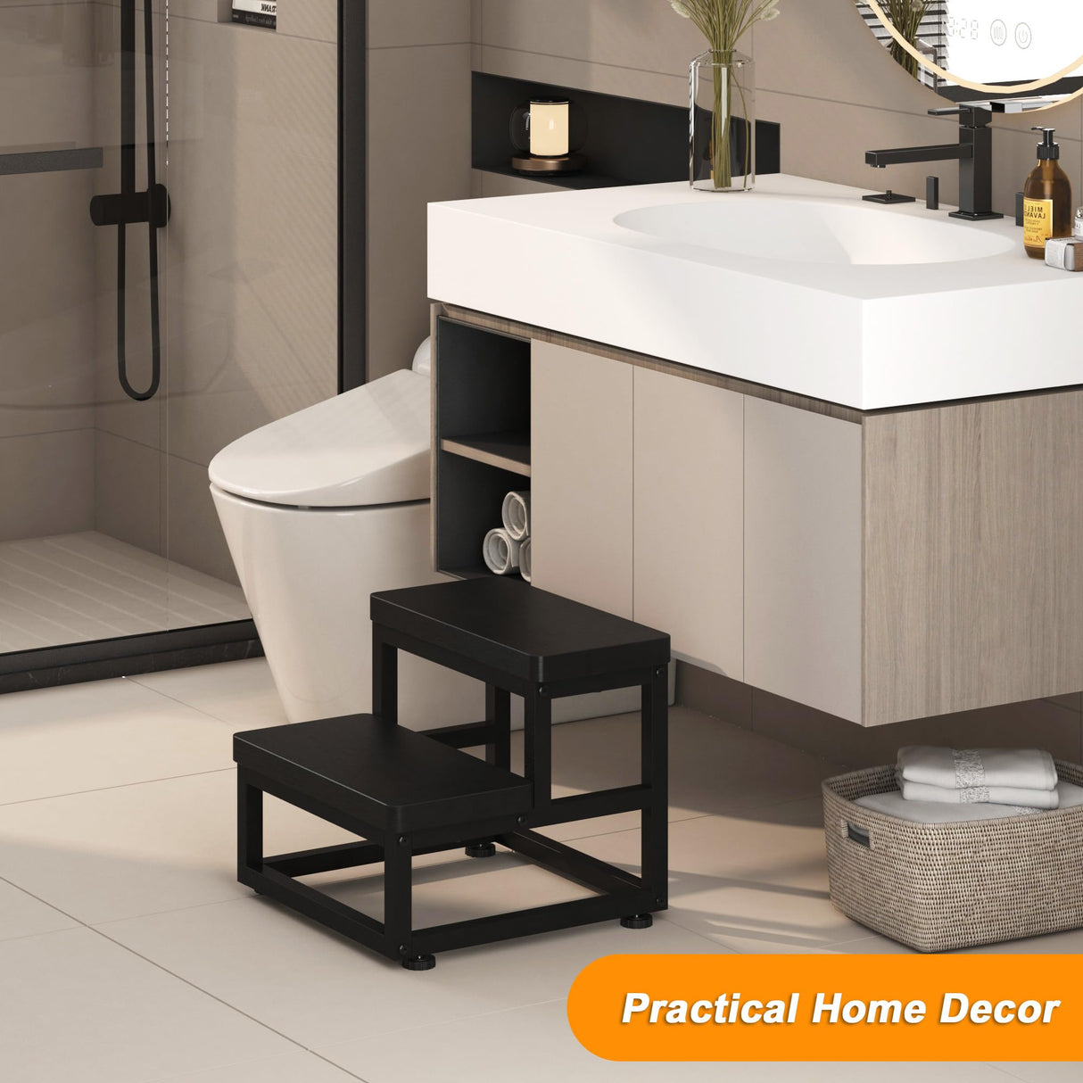 2 Step Wooden Step Stools for Adults Kids, Heavy Duty Stepping Stools Wooden Bed Step Stools for High Beds, Non-Slip 2 Bedside Foot Stool with 500 Lbs Capacity, Kitchen, Bed, RVS Step, Rustic Brown FYGUES