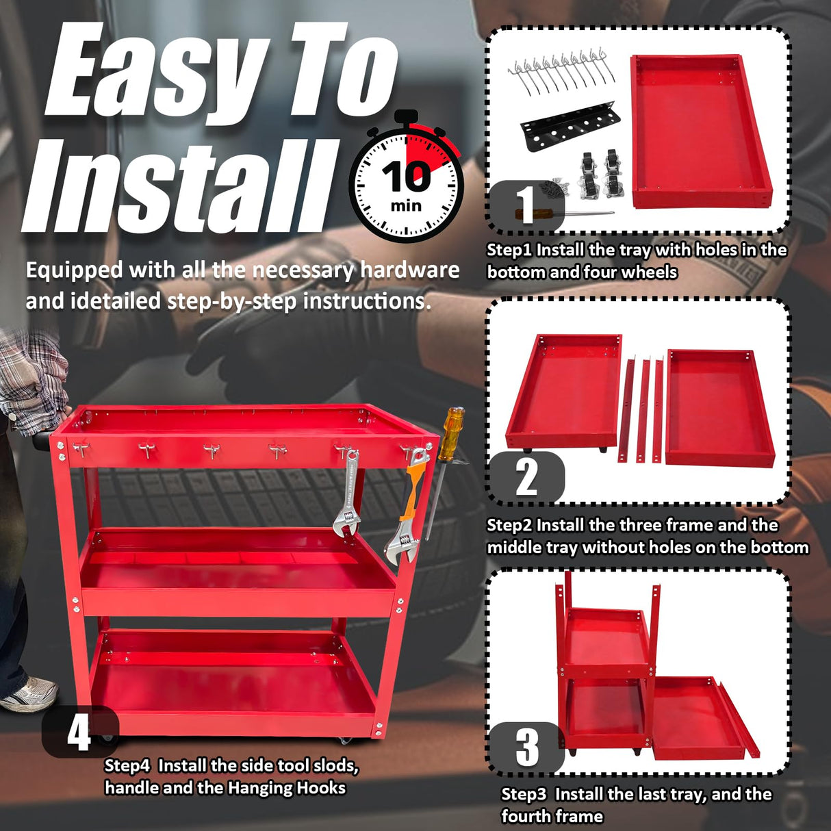 YATOINTO 3-Tier Rolling Tool Cart, Metal Rolling Cart with Side Hooks Wheels, 330LBS Heavy Duty Utility Carts, Handle Rolling Mechanic Tool Cart YATOINTO