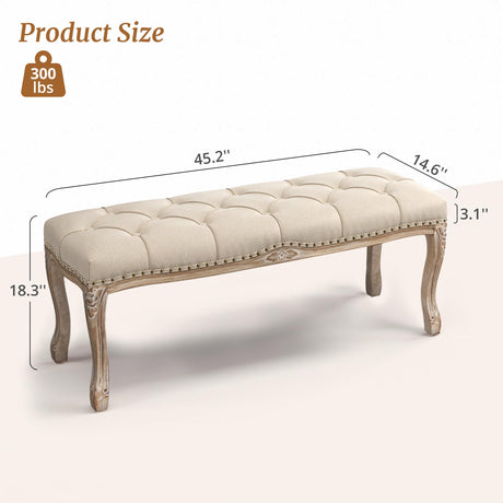 Cozyman Bedroom Bench, French Vintage Tufted Entryway Bench, 45.2" Carving Upholstered End of Bed Bench with Distressed Wood Legs, Linen Ottoman Bench Seat for Living Room, Dining Room, Linen Color Cozyman