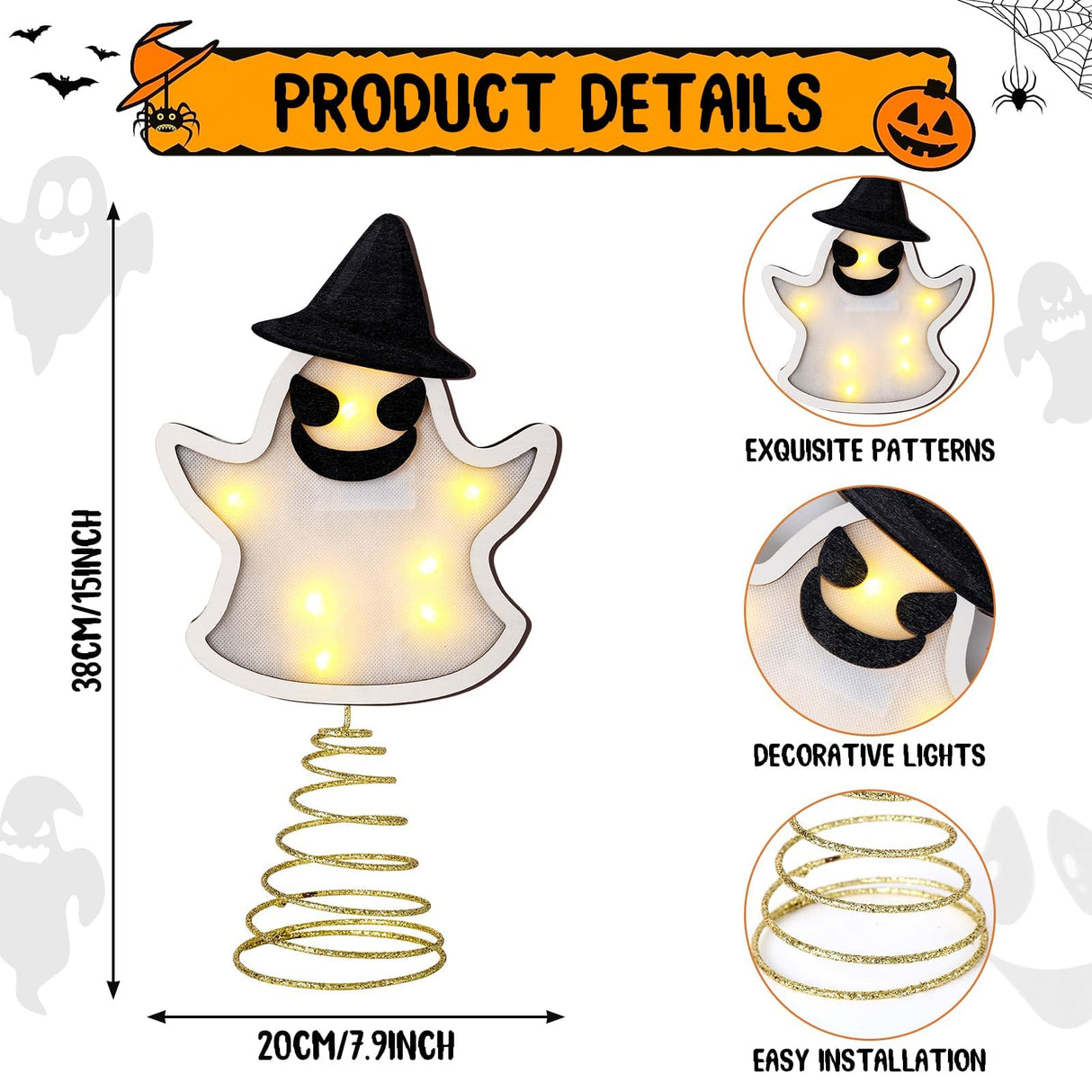 Halloween Tree Topper 15 Inches Pumpkin Skull Ghost Tree Topper Wood Tree Ornament Tree Star with LED Light Halloween Christmas Tree Ornaments for Halloween Party YLOLUL