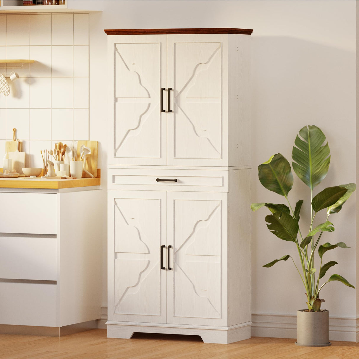 IRONCK Farmhouse Kitchen Pantry Cabinet, 72" Height Tall Freestanding Cupboard with Sliding Storage Rack and 6 Hanging Shelves for Kitchen, Dining Room, White IRONCK