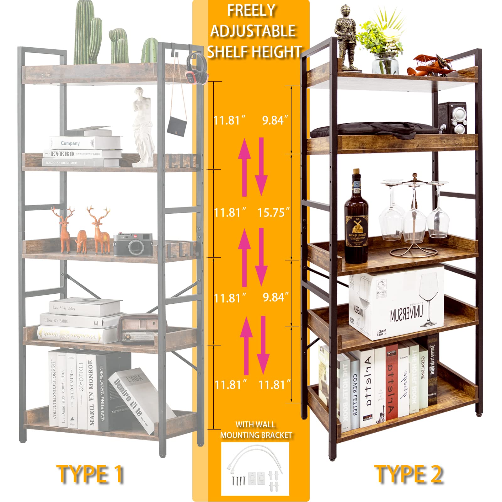 HCHQHS Rustic Brown 5-Tier Adjustable Open Bookcase with Industrial Metal Accents - WoodArtSupply