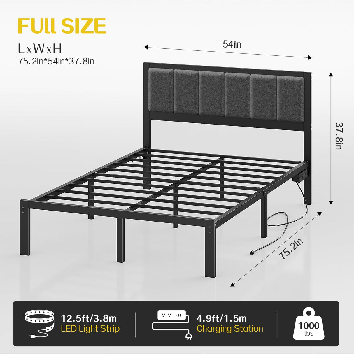 OLEVS Full Bed Frame with Headboard Metal Platform Bed Full Size with USB Charging Station and LED Lights, No Box Spring Needed OLEVS