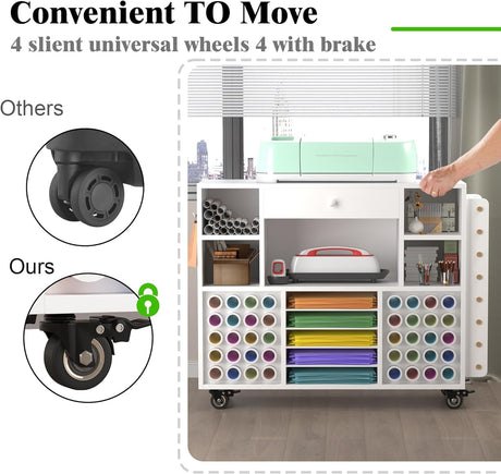 Craft organization and storage Cart Compatible with Cricut Machine, Rolling Craft Organizer With large drawer & 48 Vinyl Roll Holder, Crafting Cabinet Table Workstation for Craft Room Home CXQ