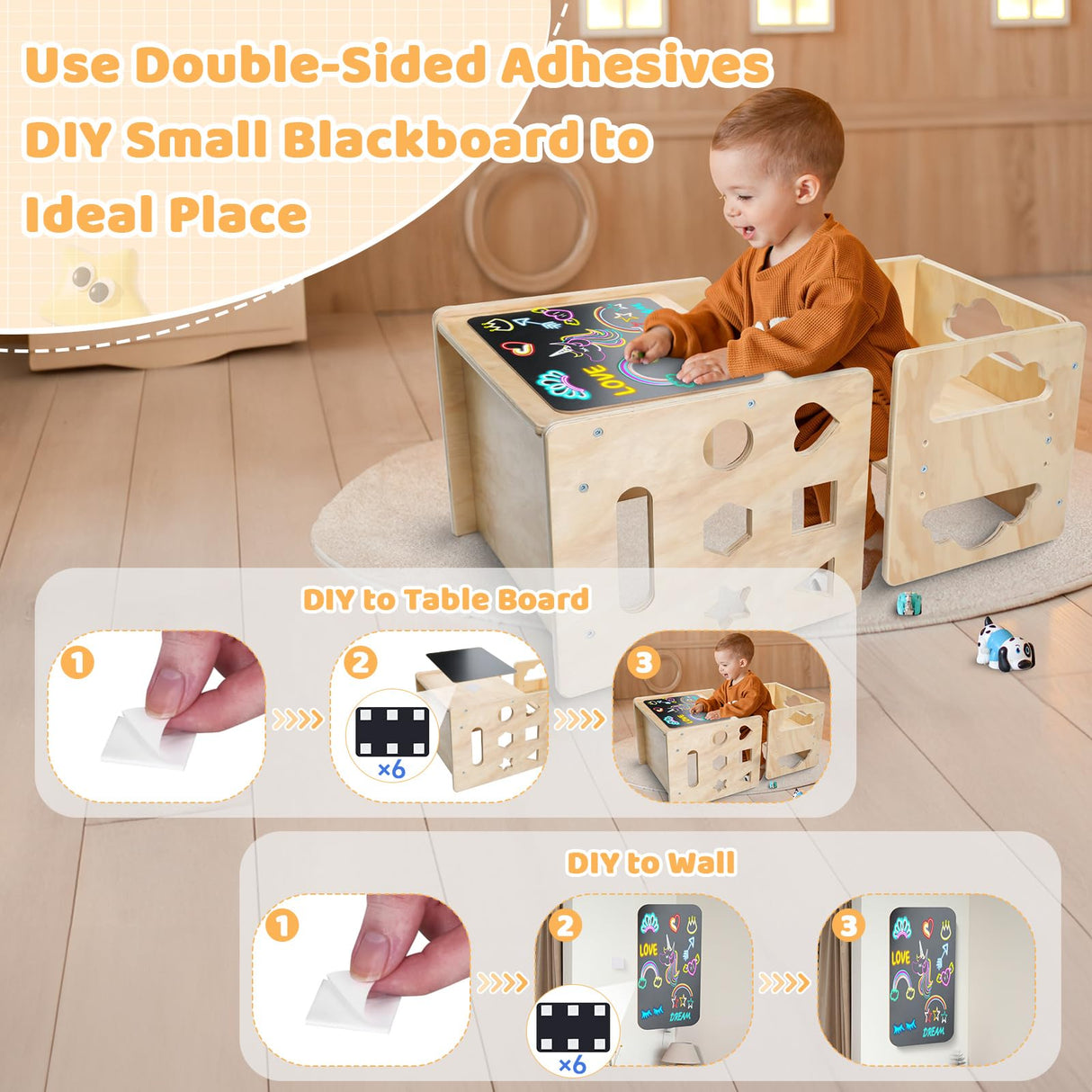 Montessori Weaning Table and Chair Set, Wooden Toddler Table and Chair Set Kids Activity Table Step Stools with Blackboard & 3 Heights Adjustable, 1-3 Age Kids Funiture for Eating Drawing Reading Satisure