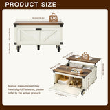 EFQHADK 36''Double-Sided Lift Top Coffee Table- Living Room Farmhouse Coffee Table with Storage- Large Square Wood Center Table with Lockable Wheels&Led, Convertible for Game/Movie/Dinning (White) EFQHADK