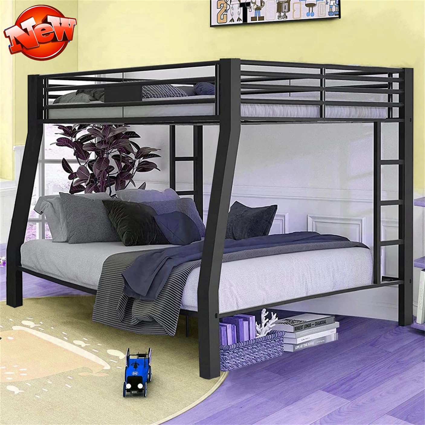 TSAMPA Latest Upgraded and Stronger Heavy Duty Metal Steel Bunk Bed Full XL Over Queen Size, More Stable More Rust-Proof Bunk Queen Bed with Thickened Legs (Easier Assembly) (Full XL Over Queen)