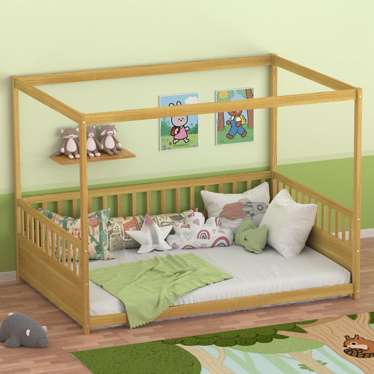 Lyngins Full Size Canopy Bed Frame with Guardrails for Kids, Floor Bed Full with Four Poster Design, Kids Montessori Floor Bed, Wood Canopy Bed Frame for Girls, Boys(Natural) Lyngins