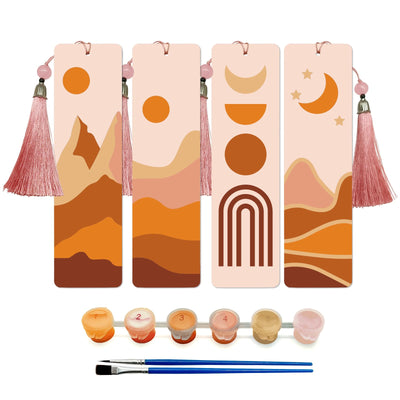 JOOZ 4 Pack Easy Paint by Numbers Kit for Adults, Wood Bookmarks Paint by Numbers for Book Lovers, DIY Mountain Sunset Moon Oil Painting by Number Bookmarks with Tassel for Gift 7x2 Inch