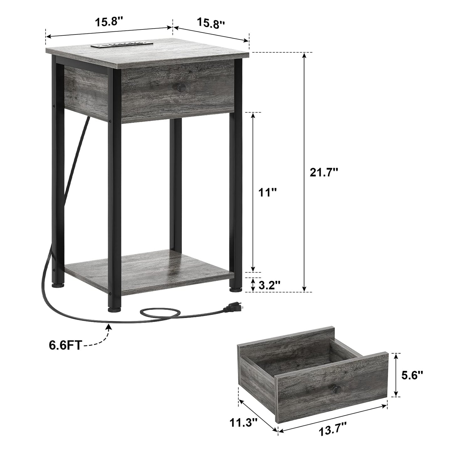 Ecoprsio Nightstand Set of 2 with Charging Station, Modern End Table Side Table with USB Ports, Wood Night Stand, Grey Bedside Table with Drawer and Shelf for Bedroom, Living Room, Sofa Couch - WoodArtSupply