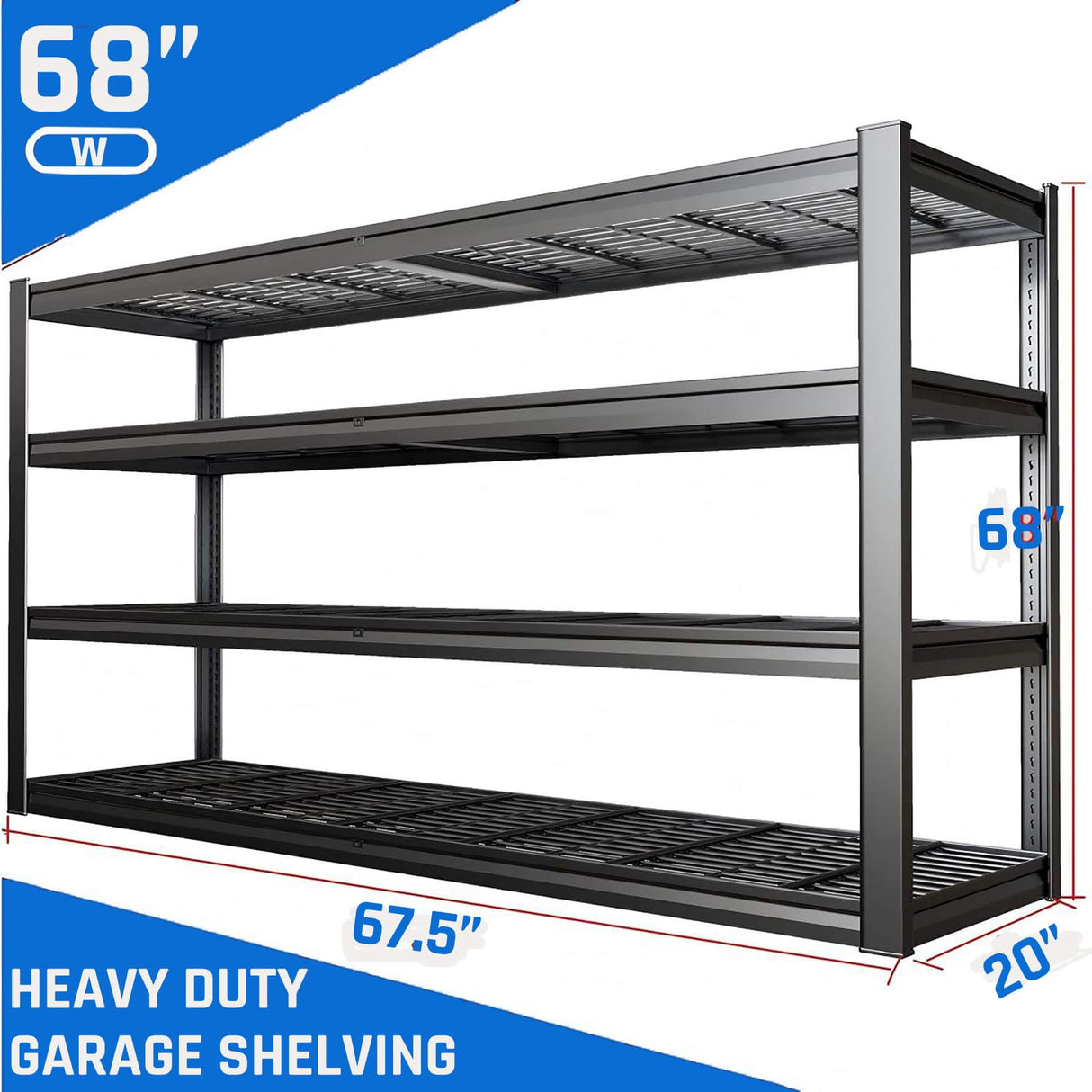 PMKES 67" W Garage Shelving Heavy Duty, 4 Tier Garage Shelves, 68" H Adjustable Storage Shelving Unit, Commercial Metal Shelves for Warehouse, Basement, Shop, 67" W x 20" D x 68" H PMKES
