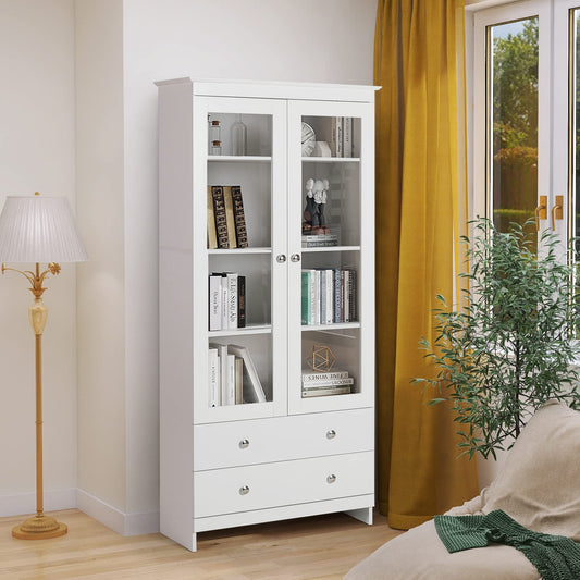 YIGOBUY White Bookcase with Glass Doors 4-Tier Tall Bookshelf with Cabinet and Drawers Wood Curio Storage Cabinets Wide 4 Cube Storage Organizer for Living Room Bedroom Bathroom Office Kitchen