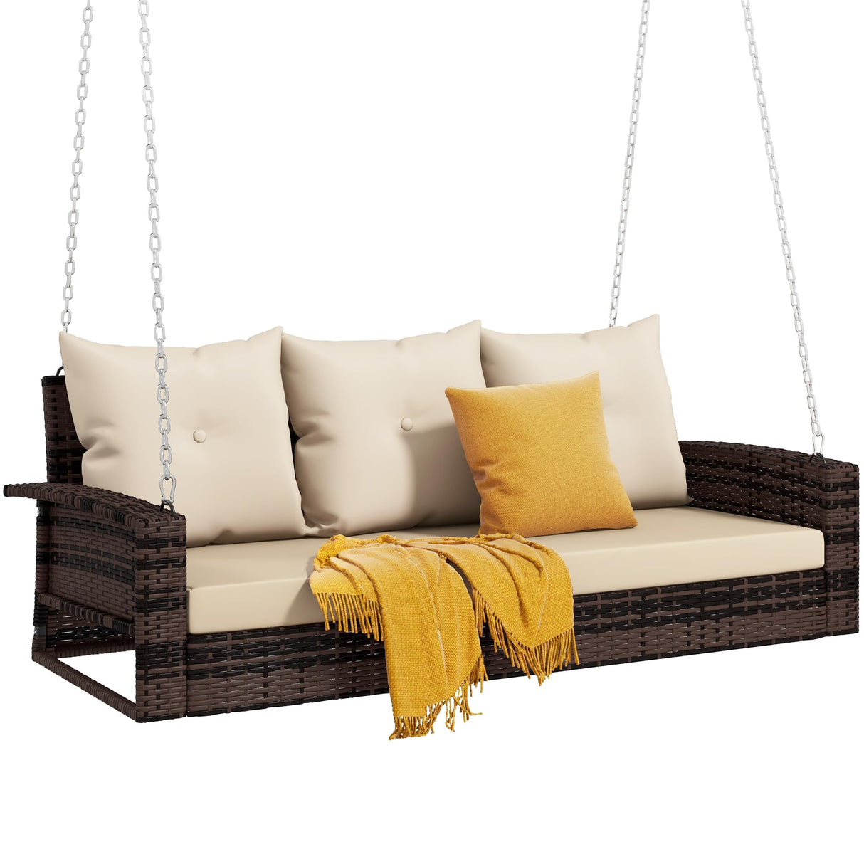 DWVO 3 Seats Porch Swing Hanging Bench Swing Outdoor Wicker Patio Swing Lounge Front Rattan Swing 794lbs for Garden, Balcony, Brown&Beige DWVO