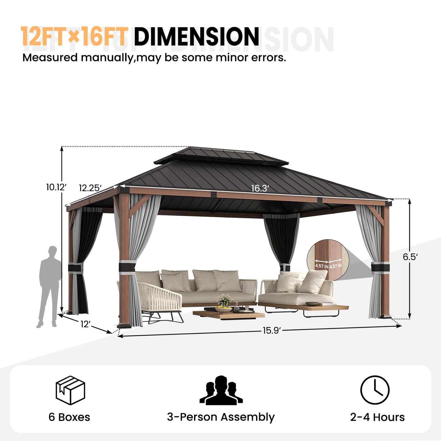 Amopatio 12' X 16' Wood Gazebo, Hardtop Gazebos with Galvanized Steel Double Roof, Metal Outdoor Permanent Aluminum Gazebo for Patio Deck Backyard