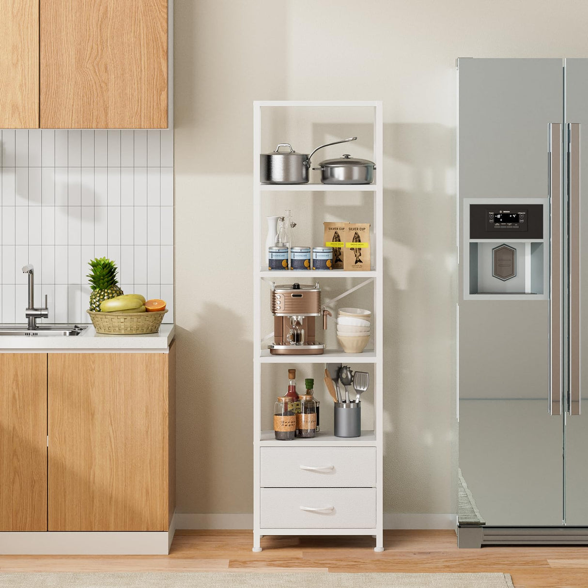 Furnulem 5-Tier Corner Shelf, Narrow Bookshelf with 2 Storage Drawers, Tall Bookcase, Standing Shelf Organizer Unit for Living Room, Bedroom, Metal Frame, Wood Display Shelf(White) Furnulem