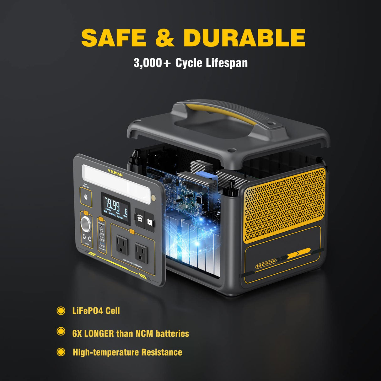 VTOMAN 600W Portable Power Station, LFP Battery Powered Generator with 2x 600W AC Outlets (Surge 1200W), 4x USB ports, 3x DC Output for Outdoor Camping, Vehicle Emergency, Electric Backup VTOMAN