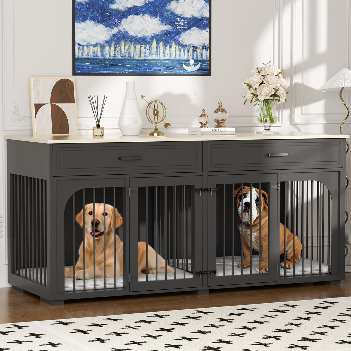 EBE 74.8'' Dog Crate Furniture, Wooden Dog Crate with 2 Drawers and Removable Divider, Heavy Duty Dog Kennel Indoor TV Stand for Small Large Medium Dogs, Black EBE