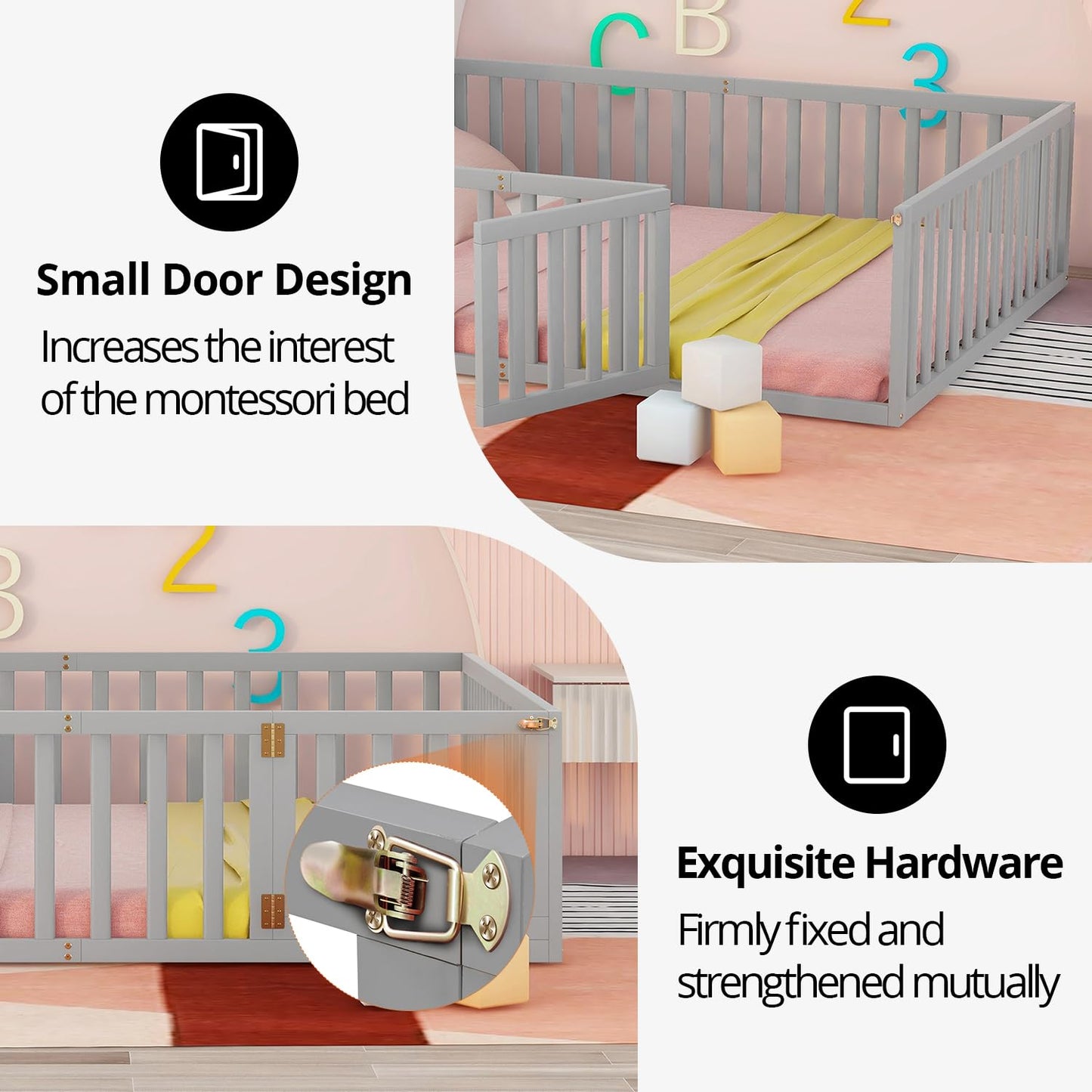 Solid Wood Montessori Floor Bed for Kids with Fun Door Design & Safety Guardrails - Easy Assembly in Gray - WoodArtSupply