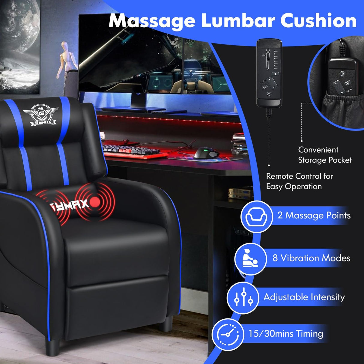 GYMAX Gaming Recliner, Massage Gaming Chair w/Adjustable Footrest, Remote Control & Side Pocket, Ergonomic Game Lounge Chair, Racing Style Single Theater Seat Game Sofa for Adults (Blue) GYMAX