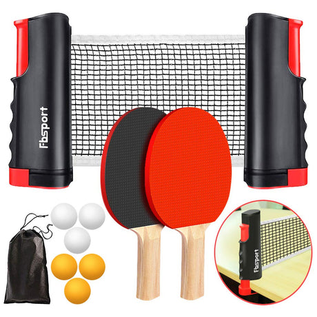 FBSPORT Ping Pong Paddle Set, Portable Table Tennis Set with Retractable Net, 2 Rackets, 6 Balls and Carry Bag for Children Adult Indoor/Outdoor Games FBSPORT