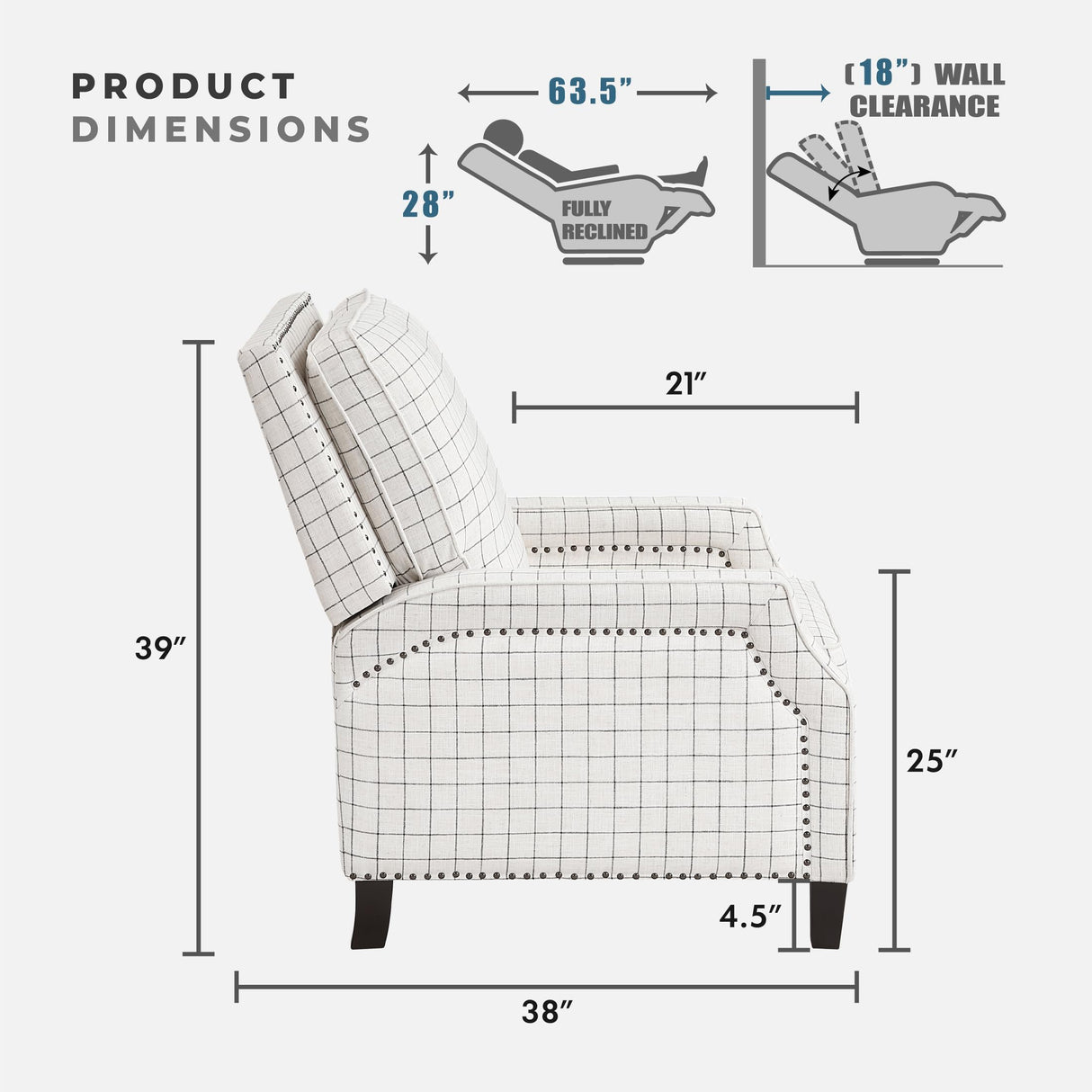 Lexicon Pushback Recliner Chair, Plaid Textured Fabric Armchair Push Back Reclining Chair, Nailhead Trim, Solid Wood Legs, Easy Assembly for Living Room/Office/Apartment, Off-White Lexicon