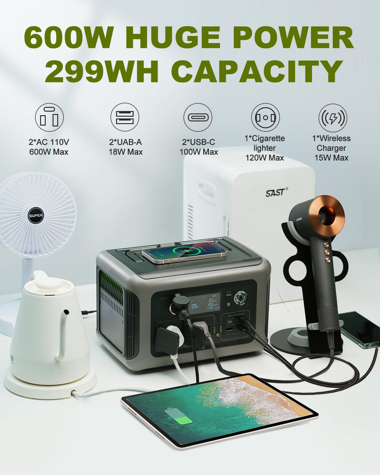 [Upgraded Version] ALLPOWERS R600 Super-Quiet Portable Power Station, 299Wh 600W LiFePO4 Battery Backup with UPS Function, 400W Max Input, MPPT Solar Generator for Outdoor Camping, RVs, Home Use ALLPOWERS