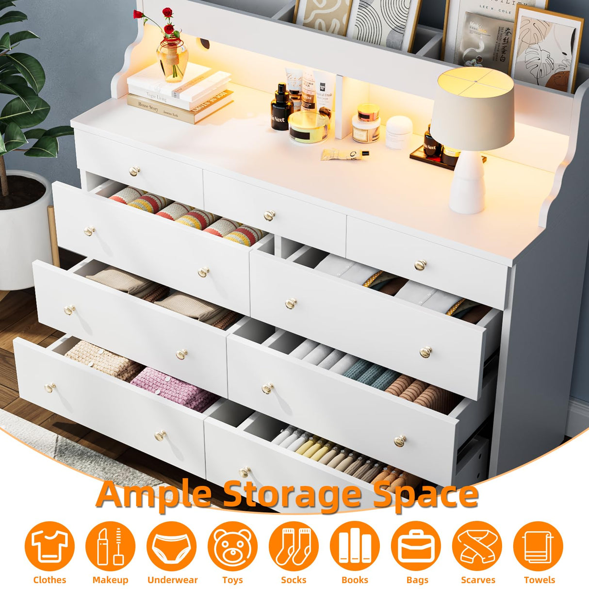 Yeyawomy 9 Drawers Dresser with LED Light, Dresser for Bedroom with Power Outlet, Modern Chest of Drawers, Storage Dresser with Open Storage Space, Dressers & Chests of Drawers for Closet (White) Yeyawomy