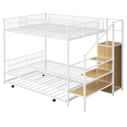 Harper & Bright Designs Twin Over Full Bunk Bed with Trundle, Stairs and Wardrobe, Metal Bunk Bed with Wire Shelving and Lateral Storage Ladder for Bedroom, Dorm (White)