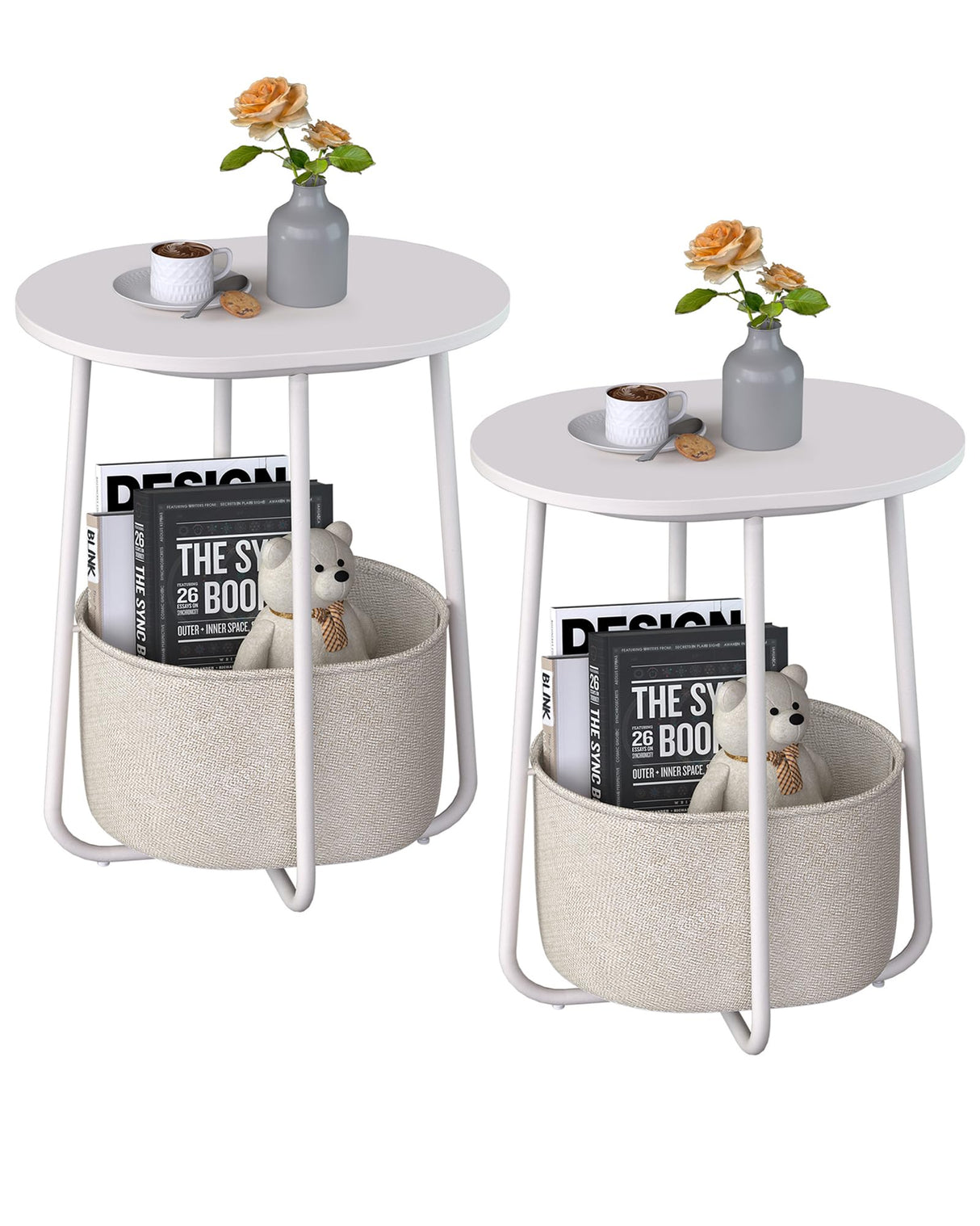 TUTOTAK Small Side Table, Oval End Table, Night Stand, Bedside Table, Set of 2, Sofa Table with Cloth Storage Basket, Living Room, Bed Room, White TB01BW0632 TUTOTAK