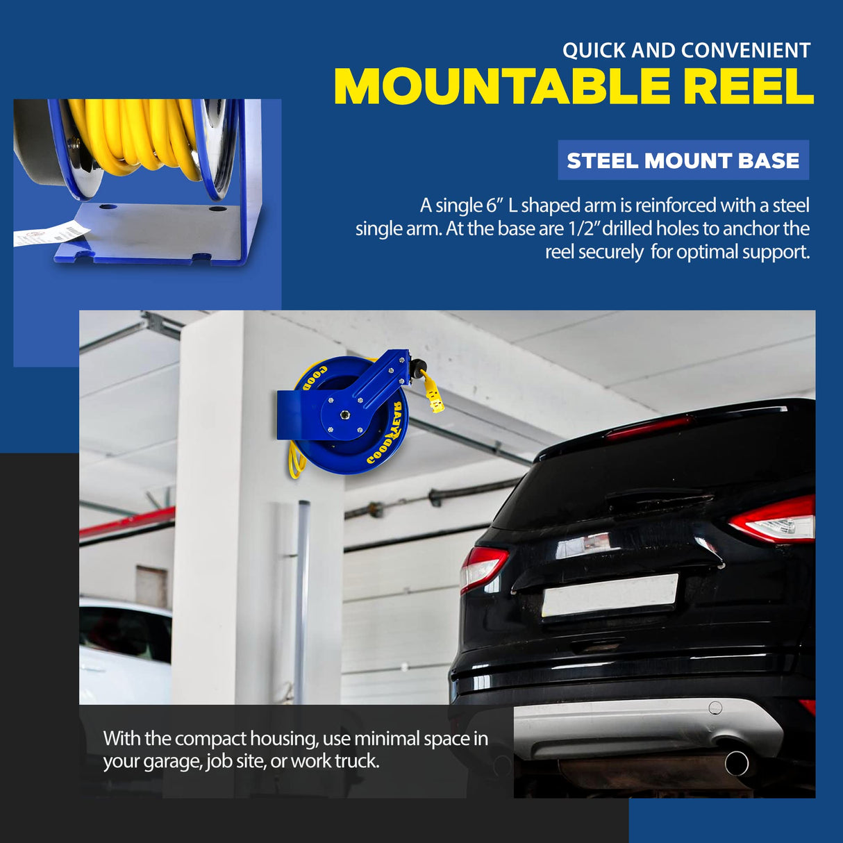 Goodyear Extension Cord Reel Retractable 14AWG x 100' Feet 3C SJTOW Cable Triple Tap Connector Power Rating 125 Volt AC 13 Amp 1625 Watt Industrial Steel Single Arm Goodyear