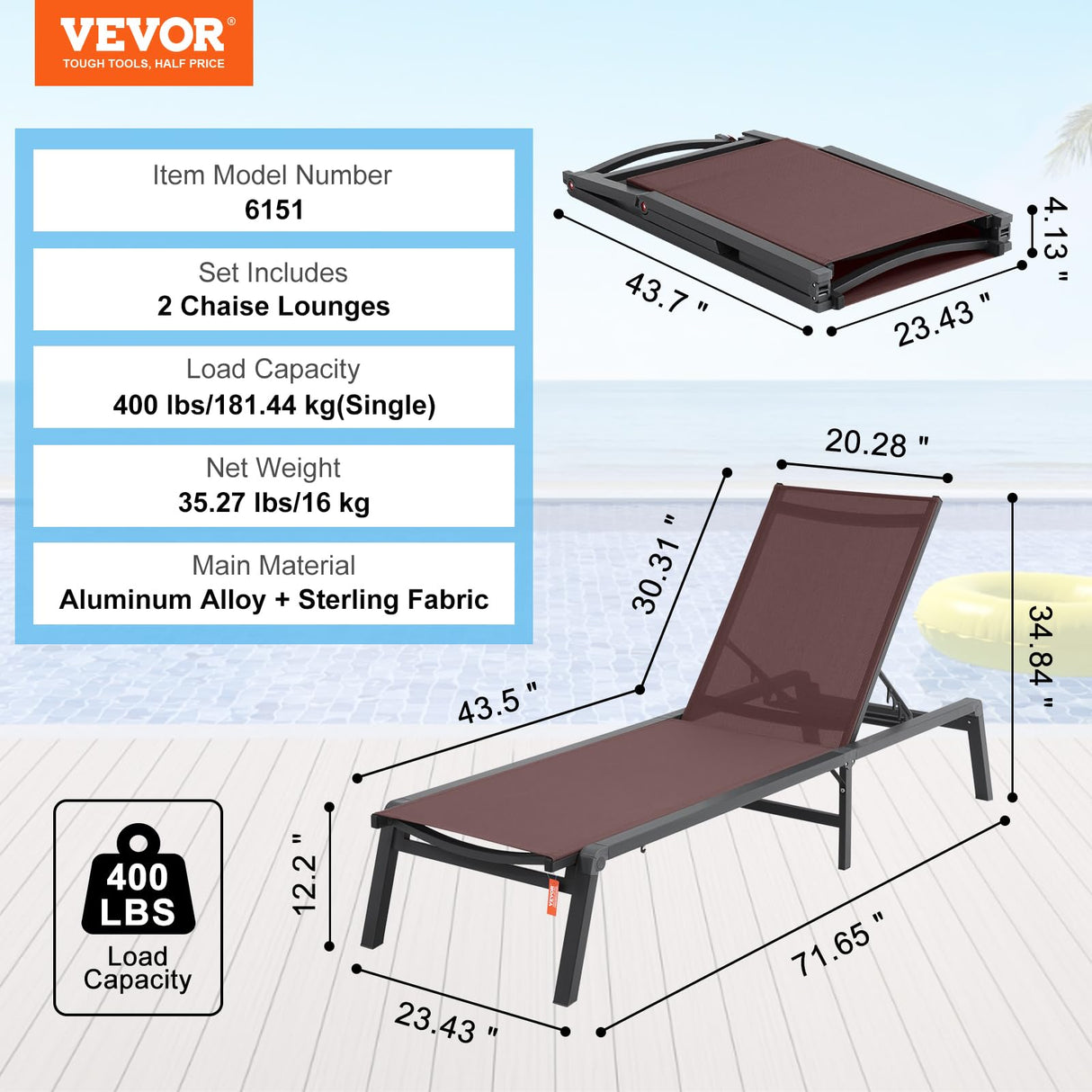 VEVOR 2 Pcs Chaise Lounge Chairs Outdoor, Aluminum Patio Lounge Chair with Adjustable 5-Position, Folding Pool Chairs Recliner and Full Flat Tanning Chair for Patio, Beach, Pool, Brown, 2 pcs VEVOR