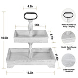 Eufrozy Farmhouse Tiered Tray Stand Wood, Rustic Tiered Tray Decor Holder 2 Tiered Decorative Wooden Serving Tray Rectangular with Metal Handle for Kitchen Table Decor Housewarming Gifts White Eufrozy