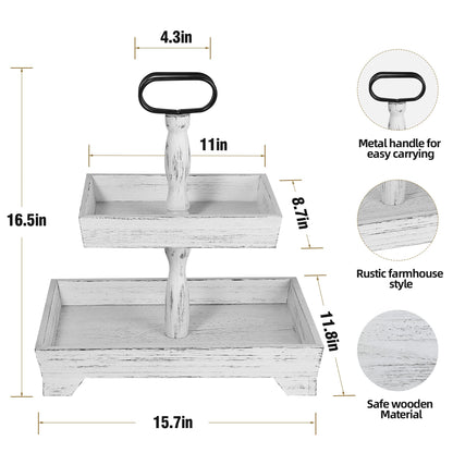 Eufrozy Farmhouse Tiered Tray Stand Wood, Rustic Tiered Tray Decor Holder 2 Tiered Decorative Wooden Serving Tray Rectangular with Metal Handle for Kitchen Table Decor Housewarming Gifts White