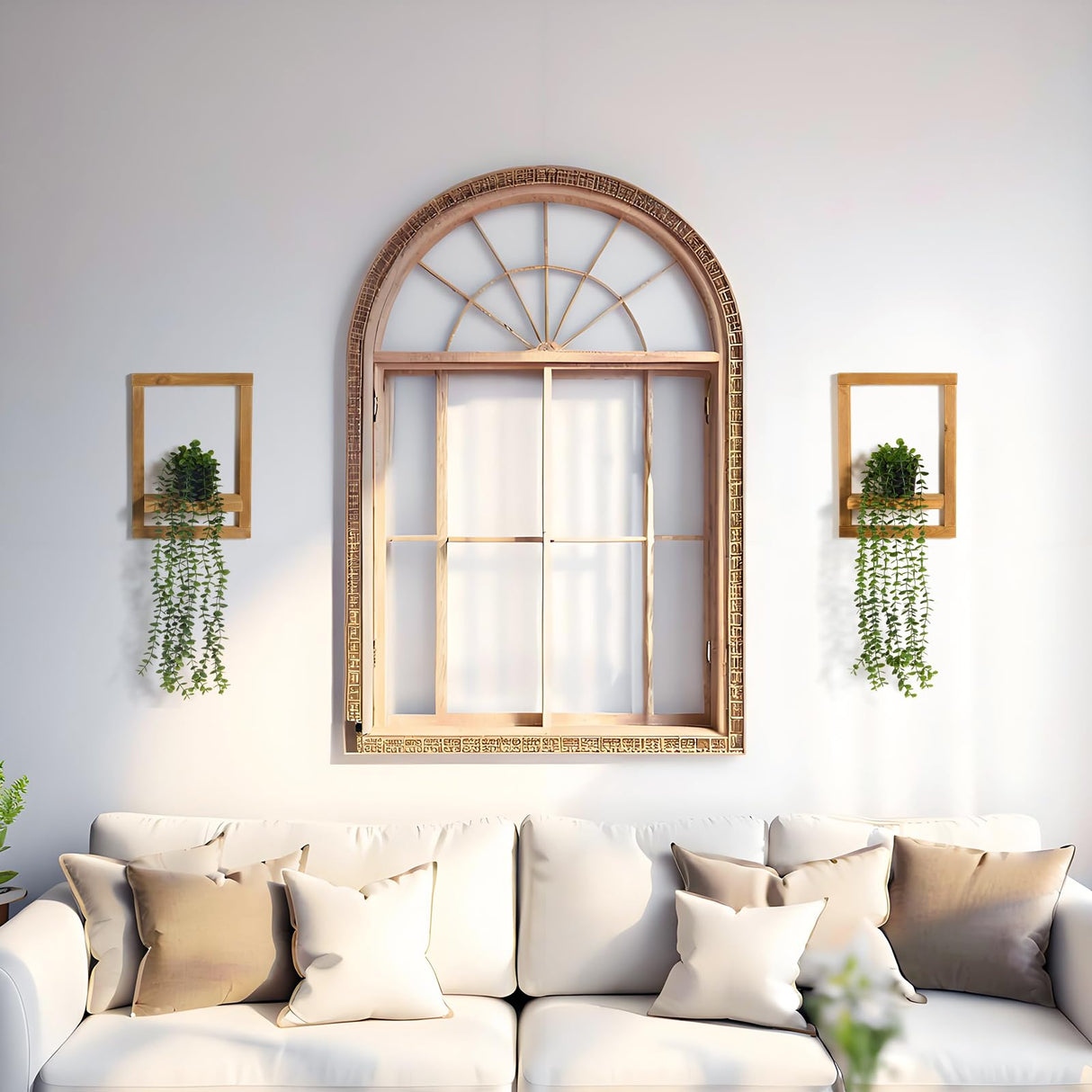 Mokof 2 Pack Wooden Shelves with Fake Hanging Plants for Wall Decor, Modern Farmhouse Wood Wall Art for Living Room, Bathroom (Light Brown) Mokof