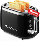 Mueller Retro Toaster 2 Slice with 7 Browning Levels and 3 Functions: Reheat, Defrost & Cancel, Stainless Steel Features, Removable Crumb Tray, Under Base Cord Storage, Black MÜELLERHOME