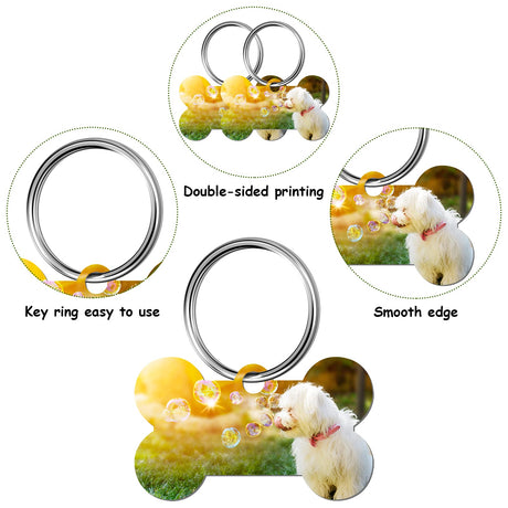 Hotop 16 Pieces Sublimation Blank Dog Tags Aluminum Pet ID Tags Bone Shaped Pet Name Tags Double Sided Dog Collar Tags with 16 Pieces Key Rings for Dogs and Cats Hotop